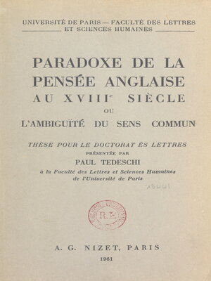 cover image of Paradoxe de la pensée anglaise au XVIIIe siècle